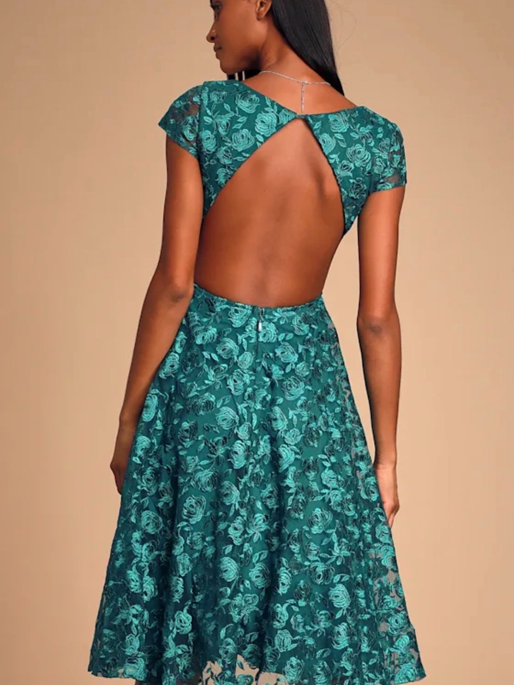 Lulu's XS Jacqueline Emerald Green Floral Embroidered Backless Midi Dress - Picture 2 of 6